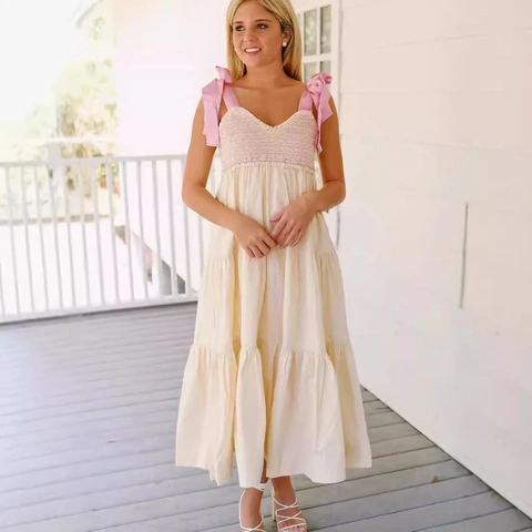 Vestido Largo Maxi Sin Mangas para Mujer con Tirantes de Lazo Falda en Capas Vestido Largo Casual Dulce de Vacaciones Playa