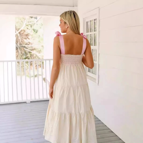 Vestido Largo Maxi Sin Mangas para Mujer con Tirantes de Lazo Falda en Capas Vestido Largo Casual Dulce de Vacaciones Playa