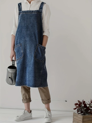 Gewaschenes Denim Trägerkleid Für Damen Casual Locker Ärmelloser Schürzenrock Mit Großen Taschen Gartenarbeit Workwear Midi Kleid