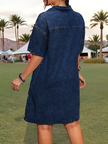 Women's Casual Loose Denim Dress Short Sleeve Lapel Button Up Mid Length Solid Color Washed Jeans Skirt For Daily Vacation