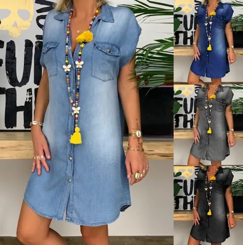 Women Sleeveless Denim Shirt Dress Button Down Lapel Mini Dress Casual Washed Solid Color Jean Dress With Pockets