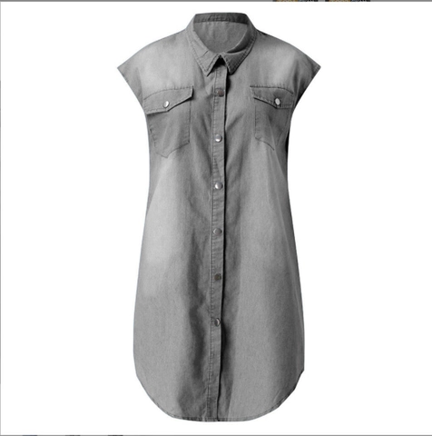 Women Sleeveless Denim Shirt Dress Button Down Lapel Mini Dress Casual Washed Solid Color Jean Dress With Pockets