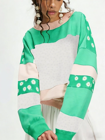 Sweat-shirt Décontracté pour Femmes Patchwork Imprimé Floral Marguerite Col Rond Manches Longues Pull Ample Top de Mode