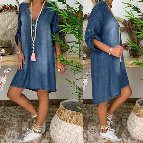 Women Casual V Neck Denim Dress Short Sleeve Solid Color Loose Shift Midi Dresses With Buttons Bohemian Style Summer Top