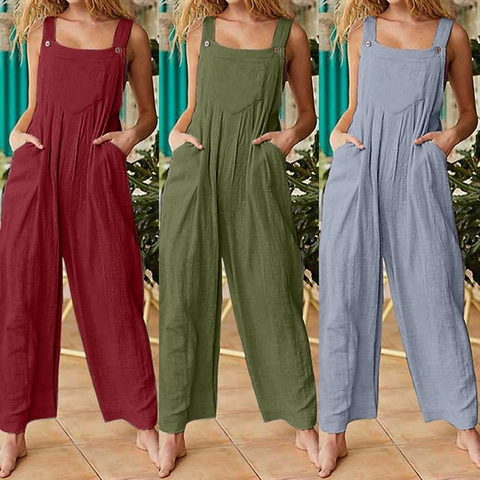 Women's Casual Solid Color Bib Overalls Loose Wide Leg Jumpsuit Sleeveless Adjustable Strap Romper With Pockets Daily Vacation Wear
