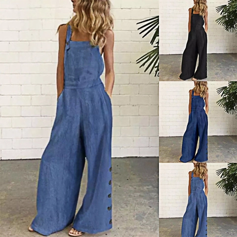 Women Casual Wide Leg Jumpsuit Retro Cotton Blend Bib Overalls Sleeveless Solid Color Baggy One Piece Pant With Pockets