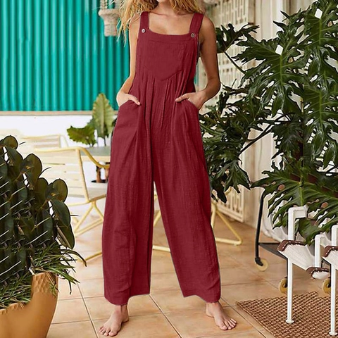 Women's Casual Solid Color Bib Overalls Loose Wide Leg Jumpsuit Sleeveless Adjustable Strap Romper With Pockets Daily Vacation Wear