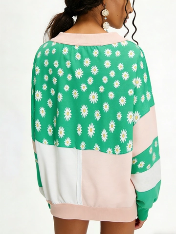 Felpa da Donna Casual Patchwork Stampa Floreale Margherita Girocollo Manica Lunga Pullover Ampio Top alla Moda