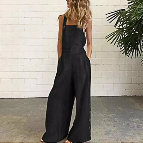 Women Casual Wide Leg Jumpsuit Retro Cotton Blend Bib Overalls Sleeveless Solid Color Baggy One Piece Pant With Pockets
