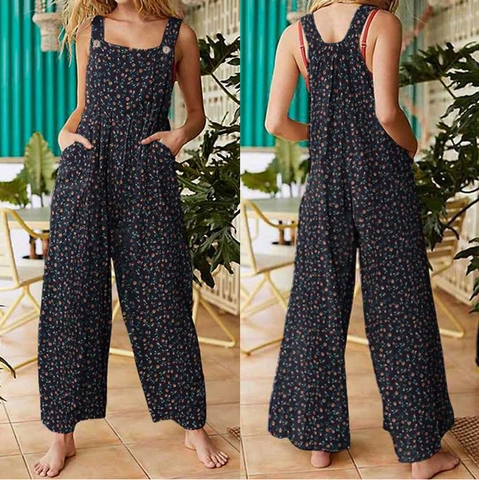 Damen Boho Blumen Patchwork Jumpsuit Lässige Lockere Weite Bein Latzhose Mit Taschen Sommer Ärmellos Träger Overall