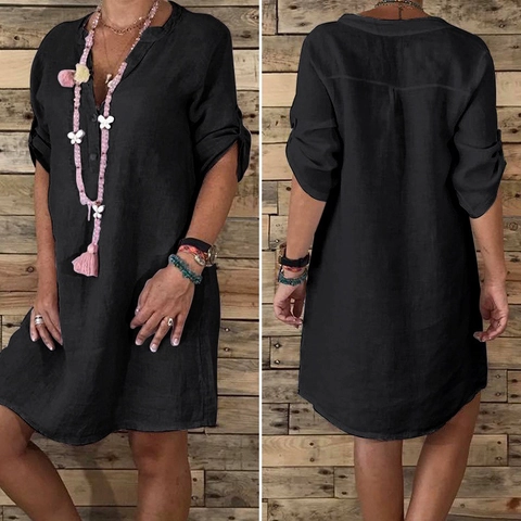 Robe Chemise Casual pour Femmes en Polyester Style Denim Couleur Unie Coupe Ample Manches Courtes Robe Midi d'Été