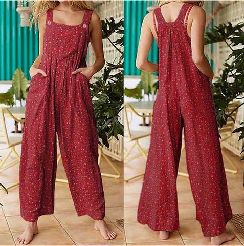 Damen Boho Blumen Patchwork Jumpsuit Lässige Lockere Weite Bein Latzhose Mit Taschen Sommer Ärmellos Träger Overall