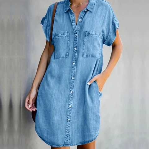 Damen Casual Denim Stil Polyester Hemdkleid Kurzarm Revers Einreihig Lose Midi Kleid Mit Taschen Blau