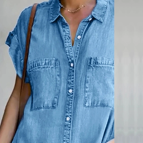 Damen Casual Denim Stil Polyester Hemdkleid Kurzarm Revers Einreihig Lose Midi Kleid Mit Taschen Blau