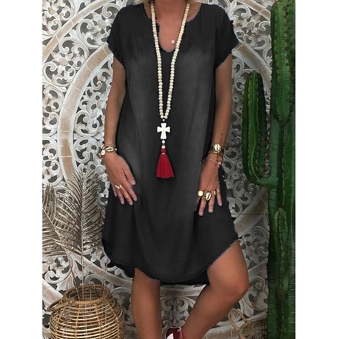Women Bohemian Denim Look Loose Casual Midi Dress Short Sleeve V Neck Solid Color Washable Polyester Beach Vacation Dress