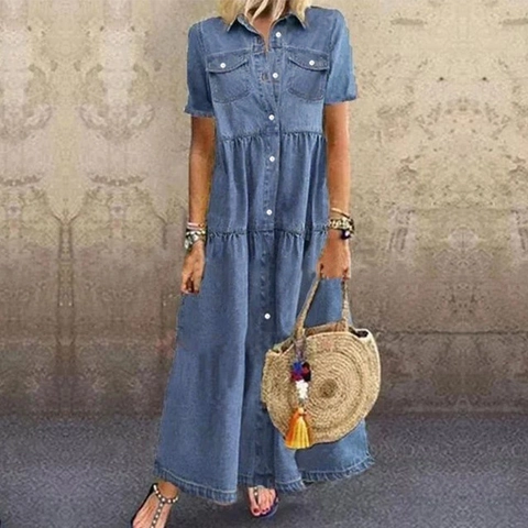 Vestido Largo de Mezclilla Casual para Mujer Manga Corta Vestido Camisero con Botones Falda Escalonada con Bolsillos Vestido de Mezclilla Vintage
