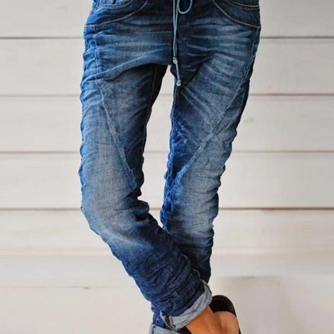 Jeans en Denim Délavé Pour Femmes Avec Cordon Taille Élastique Coupe Droite Décontracté Pantalon Long Bleu Foncé