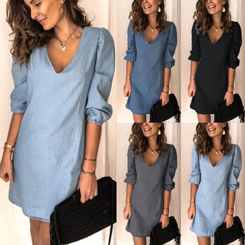 Damen Casual V-Ausschnitt Puffärmel Polyester Kleid Einfarbig Patchwork Intellektuelles Pendeln Vintage Mini Kleid Für Damen