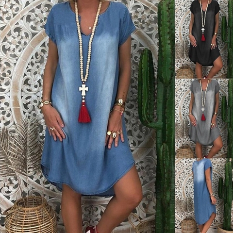 Women Bohemian Denim Look Loose Casual Midi Dress Short Sleeve V Neck Solid Color Washable Polyester Beach Vacation Dress