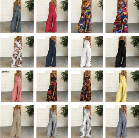 Γυναικεία Casual Ολόσωμη Φόρμα Με Φαρδύ Μπατζάκι Boho Floral Τύπωμα Χωρίς Μανίκια Vintage Σαλοπέτα Με Κουμπιά Καλοκαιρινό Παντελόνι