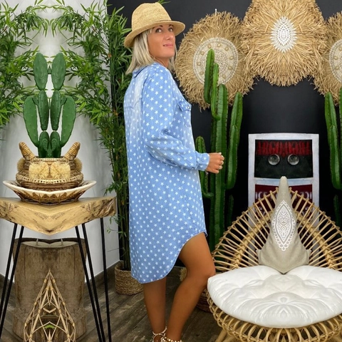 Abito da Donna Casual con Stampa Stellata a Camicia Manica Lunga Blu Chiaro con Bottoni Boho Vacanza Quotidiano Collo a Revers