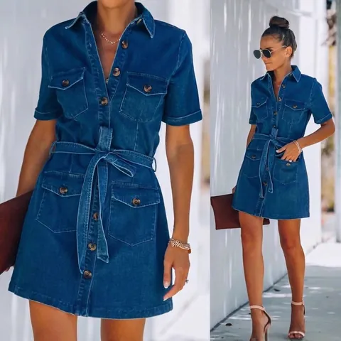 Vestido Camisero de Mezclilla Casual para Mujer Manga Corta con Botones Cuello Vuelto Vestido Mini con Cinturón y Bolsillos Color Sólido