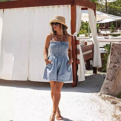Women Casual Denim Romper Smocked Spaghetti Strap Sleeveless Jumpsuit With Pockets Light Blue Summer Beach Vacation Shorts