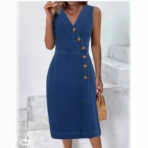 Women Sexy V Neck Sleeveless Denim Midi Dress Casual Solid Color Slim Fit Button Decor Denim Sundress
