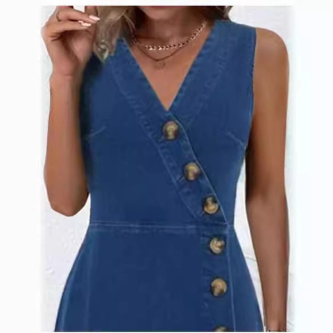 Women Sexy V Neck Sleeveless Denim Midi Dress Casual Solid Color Slim Fit Button Decor Denim Sundress