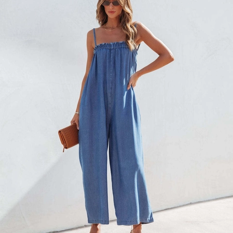 Combinaison Femme Décontractée Style Denim Sans Manches Taille Haute Jambe Large Salopette Ample Bretelles Spaghetti Romper Long Été