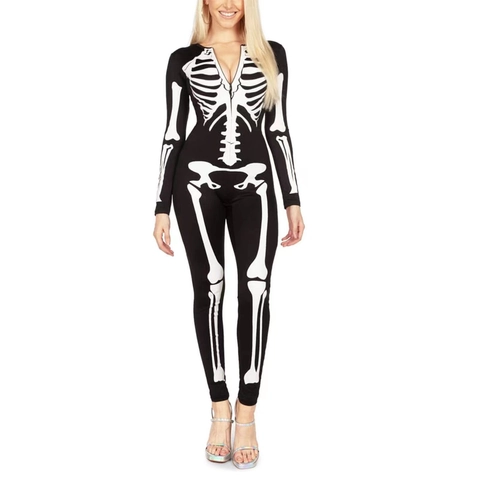 Women Sexy Halloween Skeleton Print Long Sleeve Zipper Bodysuit Slim Fit Black White Skull Bone Party Costume Jumpsuit Catsuit