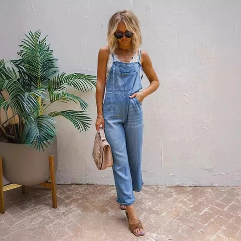 Women Casual Light Blue Denim Overalls Retro Adjustable Straps Straight Leg Jumpsuit With Pockets Summer Fashion Streetwear