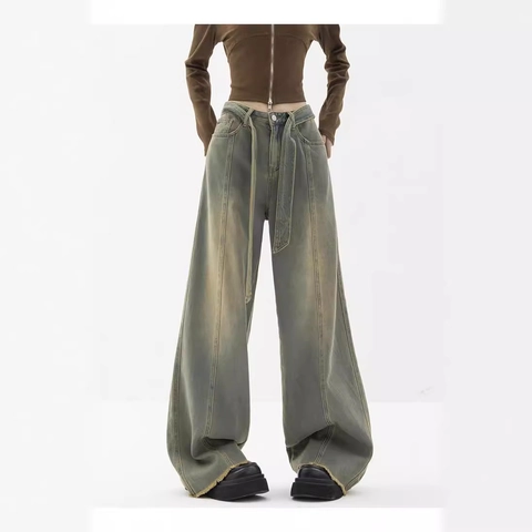 Women Retro Washed Wide Leg Jeans High Waist Mopping Denim Pants With Belt Streetwear Fashion Loose Long Trousers