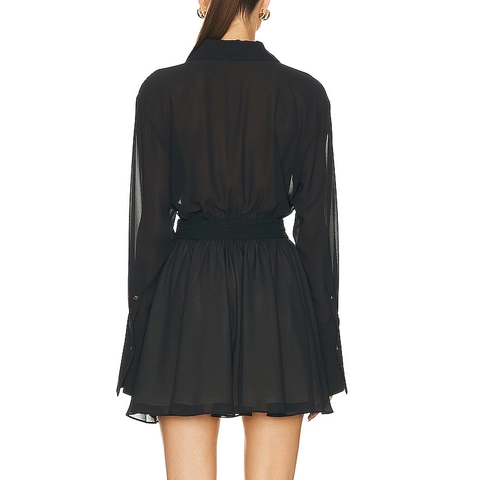 Abito a Camicia da Donna a Manica Lunga Casuale Elegante Scollo a V Slim Fit Vita con Cinturino Plissettato Mini Abito Tinta Unita Gonna Corta
