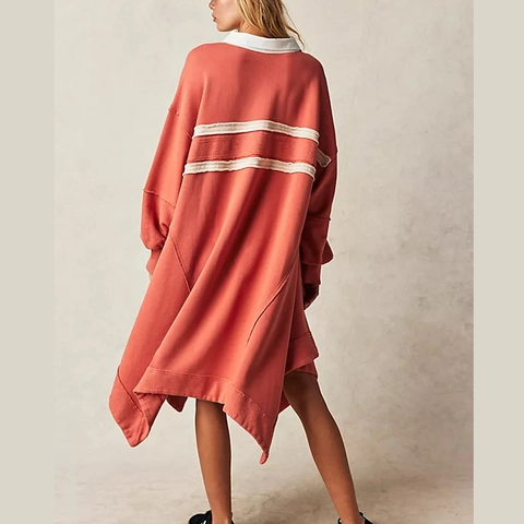 Γυναικείο Φόρεμα Φούτερ Με Γιακά Polo Oversize Casual Ασύμμετρο Στρίφωμα Μακρυμάνικο Patchwork Ρίγες Μονόχρωμο Midi