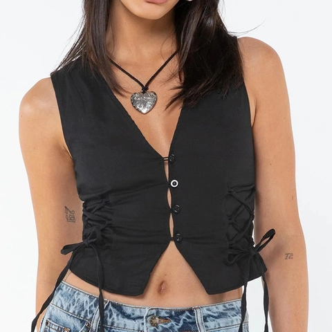 Camiseta de Tirantes Sexy para Mujer Cuello en V Sin Mangas Mezcla Poliéster Cordones Laterales Botones Ajuste Estrecho