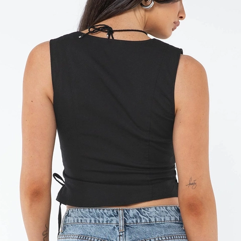 Camiseta de Tirantes Sexy para Mujer Cuello en V Sin Mangas Mezcla Poliéster Cordones Laterales Botones Ajuste Estrecho