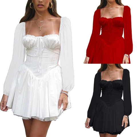 Dames Vintage Franse Stijl Corset Mini Jurk Pof Lange Mouw Vierkante Hals Kant Sexy Party Jurk