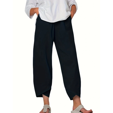 Pantalon Décontracté pour Femmes Taille Haute Élastique Jambe Droite Avec Poches Ourlet Tulipe Pantalon Neuf Points Polyester