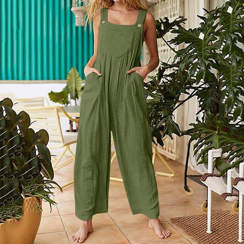 Tuta da Donna Casual a Gamba Larga Senza Maniche con Bottoni e Spalline Regolabili Salopette con Tasche Effetto Cotone e Lino