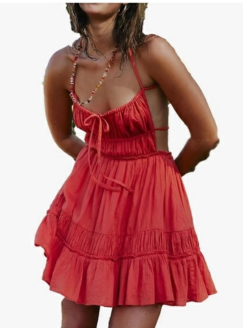 Women Sexy Backless Ruffle Mini Dress Ruched Tiered Hem Summer Beach Resort Sling Dress Sleeveless Solid Color Party Dress