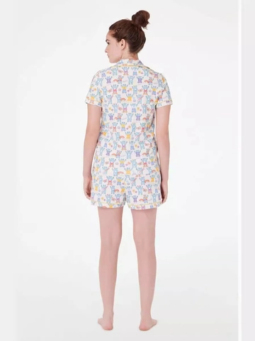 Women Cartoon Bear Print Pajamas Short Sleeve Button Up Top And Shorts Casual Polyester Loungewear Cute Home Wear