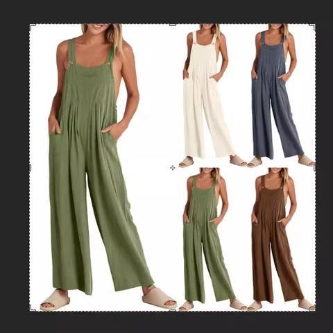 Tuta da Donna Casual a Gamba Larga Senza Maniche con Bottoni e Spalline Regolabili Salopette con Tasche Effetto Cotone e Lino