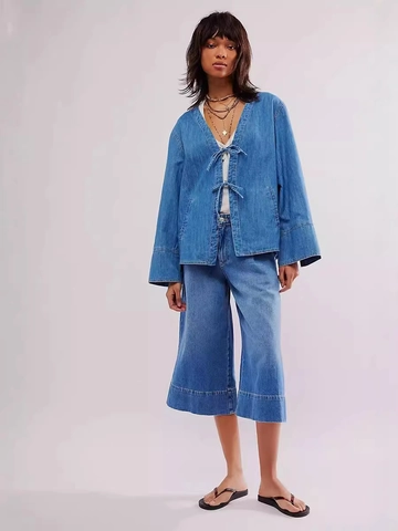 Women Casual Washed Denim Two Piece Set V Neck Tie Front Kimono Sleeve Top And Wide Leg Cropped Pants Denim Outfit