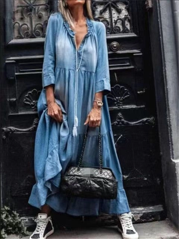Women Bohemian Washed Denim-Look Polyester Tiered Maxi Dress V-Neck Ruffle Long Sleeve Casual Vacation Dress