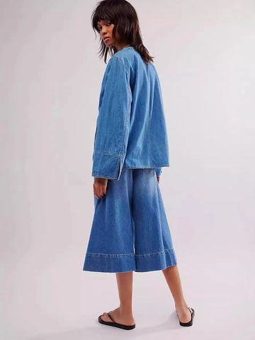 Women Casual Washed Denim Two Piece Set V Neck Tie Front Kimono Sleeve Top And Wide Leg Cropped Pants Denim Outfit