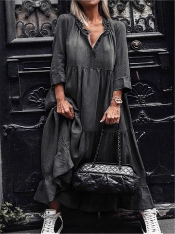 Women Bohemian Washed Denim-Look Polyester Tiered Maxi Dress V-Neck Ruffle Long Sleeve Casual Vacation Dress