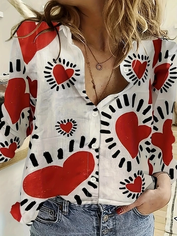 Damen Langarmhemd Mit Knöpfen Und 3D-Herz-Druck Reverskragen Lässige Lockere Bluse Top Für Herbstmode