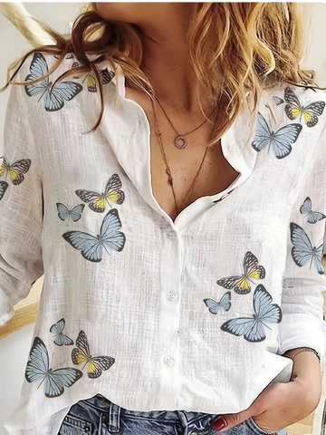 Women Butterfly Print Blouse Long Sleeve Button Down Shirt Casual Loose Lapel Top Spring Fashion Spandex Clothing