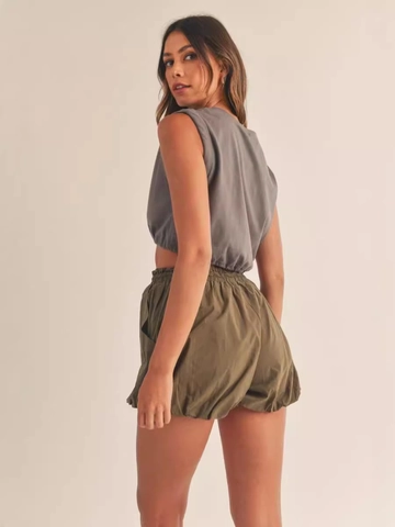 Pantalones Cortos de Burbuja de Cintura Alta para Mujer Cintura Elástica con Cordón Informal Silueta de Linterna Color Sólido Con Bolsillos